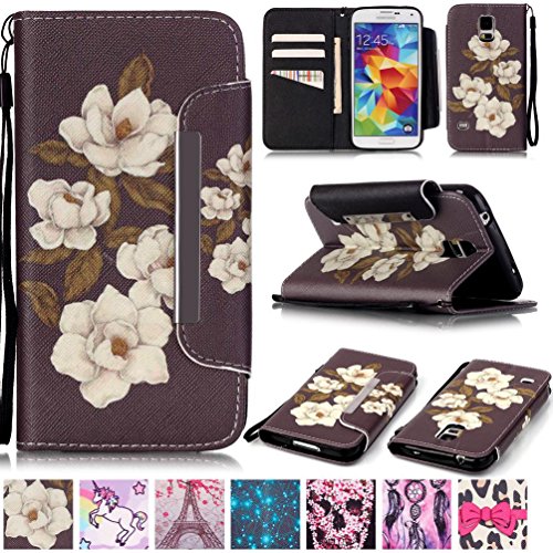 Galaxy S5 Case,Firefish [Kickstand] [Card/Cash Slots] Durable Leather Full Body Protection Wallet Case with Magnetic Closure Wrist Strap for Samsung Galaxy S5-Begonia Flower