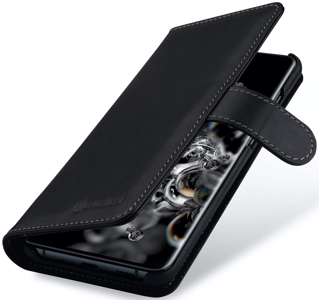 StilGut Wallet Case for Galaxy S20 Ultra, Genuine Leather Galaxy S20 Ultra Case with Card Slots & Magnetic Closure, Black Nappa