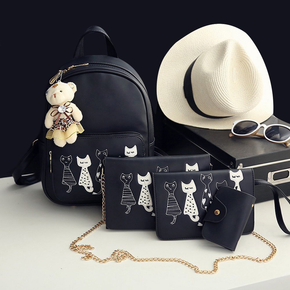 zibuyu 4pcs cat printed girls pu leather backpack shoulder bag clutch purse bag