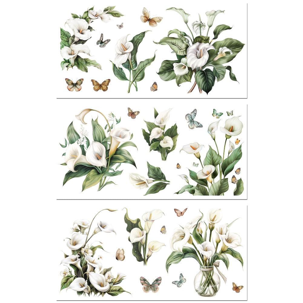 Peacoblue Rub on Transfer Decals for Furniture Crafts 6"x12", 3Pcs White Calla Lily Flower Waterproof UV DTF Transfer Decals Sticker for Dresser Lingerie Chests Drawer Glass Porcelain Wood