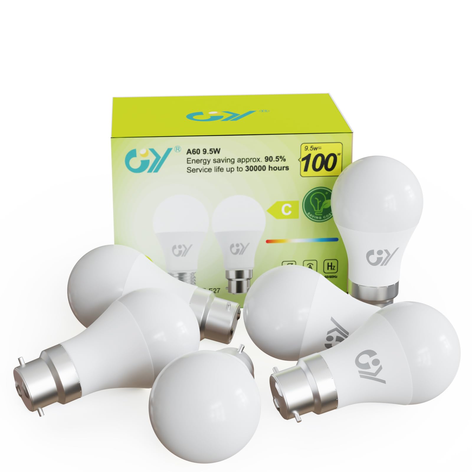 GY Bayonet Light Bulbs Cool White 6500K B22 LED Bulbs,9.5W 1521 Lumen Ultra Bright Energy Saving 100W Equivalent,Non-dimmable,6-Pack