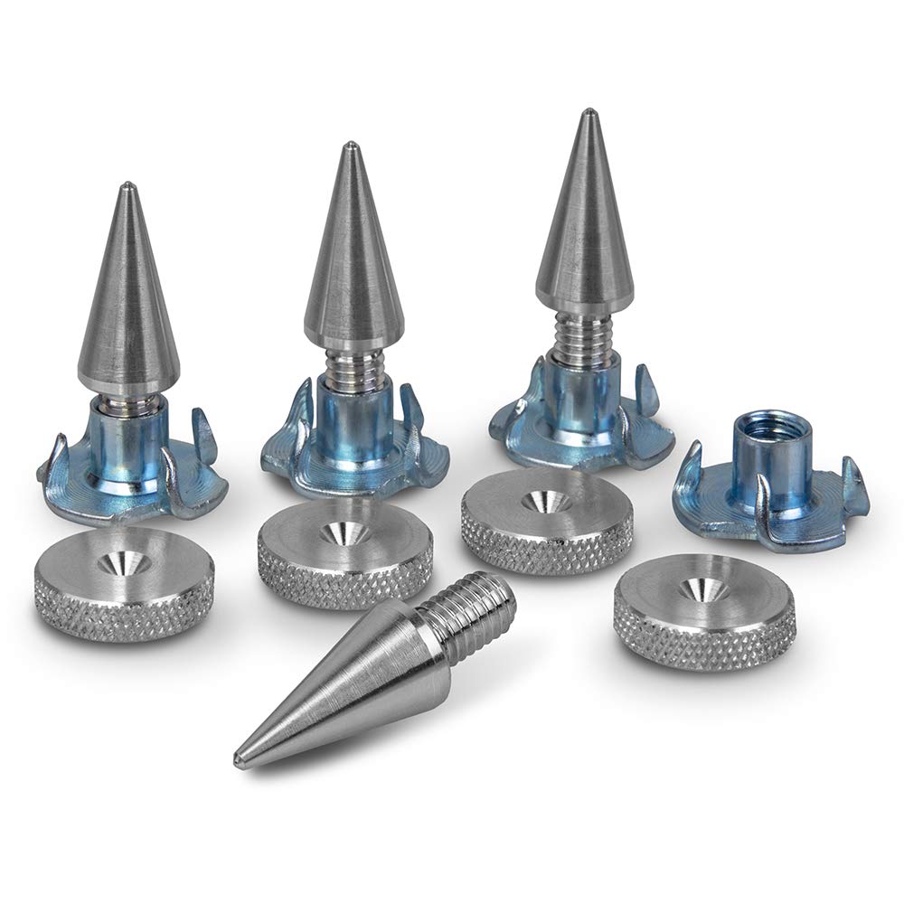 PrecisionGeek - Speakers Spikes and Pads Set, Aluminium, Spikes M8 with cone 10mm diameter and Pads 16mm diameter, Knurled, Wood inserts included