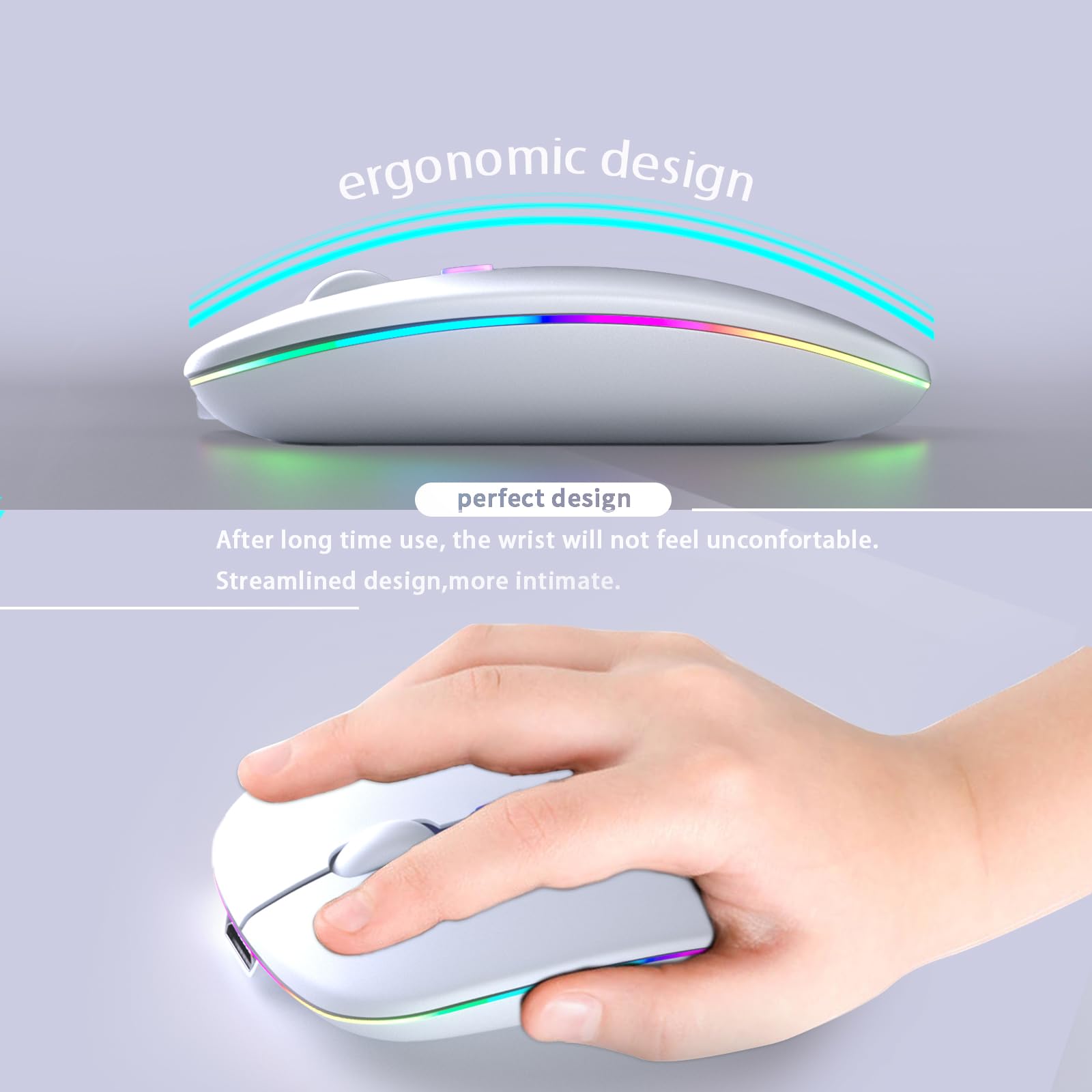 KANMABPC Wireless Bluetooth Mouse – Rechargeable, Silent, Dual Mode (Bluetooth 5.2 & USB) with LED Lights – Portable for Laptop, Desktop, & Tablet(White)