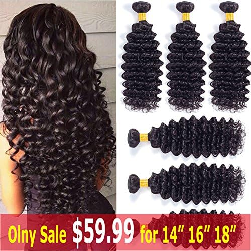 Brazilian Deep Wave Curly Virgin Hair 3 Bundles Unprocessed Human Hair Extensions Weave Natural Color (14 16 18)