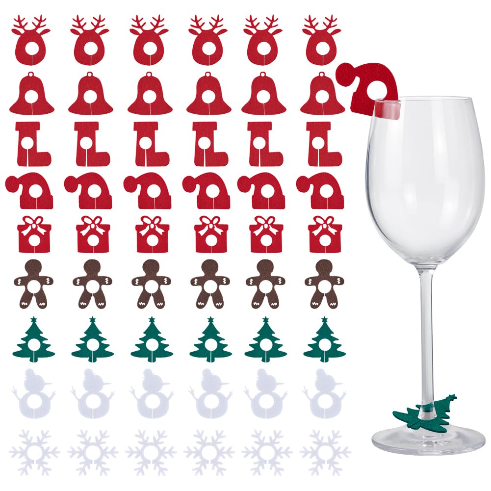 SUNNYCLUE 54Pcs 9 Styles Christmas Drink Tags Felt Wine Glass Markers Red Green Xmas Tree Socks Snowman Identifiers Tag Marker Bulk for Stem Glasses Wine Tasting Gathering Gift Party Decor Supplies