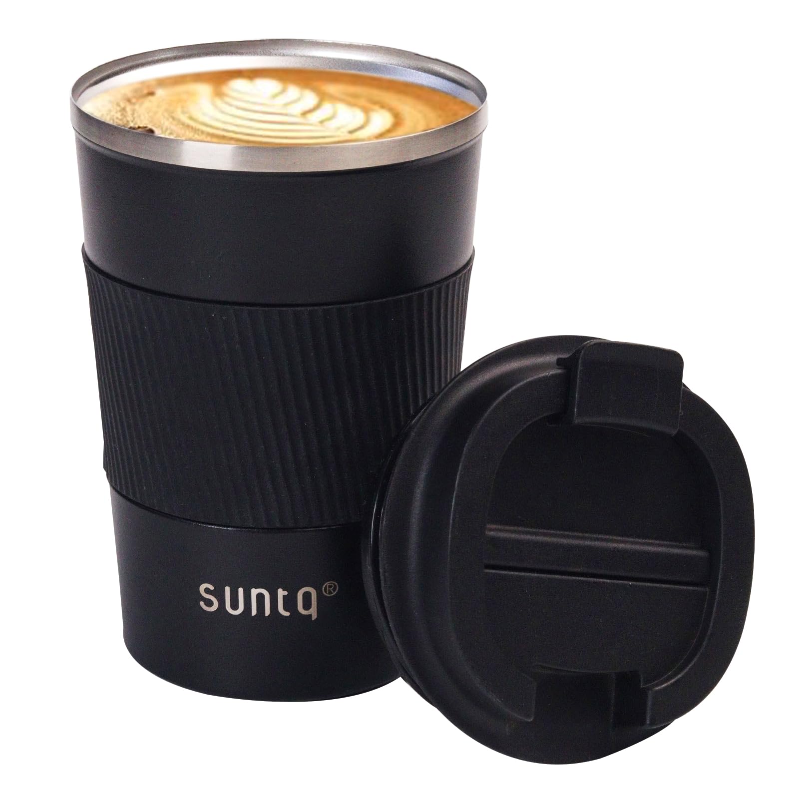 SUNTQ Reusable Coffee Cups Travel - Coffee Travel Mug with Leakproof Lid - Thermal Mug Insulated Cup - Stainless Steel Travel Cup with Rubber Grip - for Hot and Cold Drinks, 13oz/380ml Black