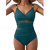 EVOCRCO Women's Mesh One Piece Swimsuits Tummy Control V Neck Bathing Suit Sexy Push Up Swim Suit Slimming Swimwear