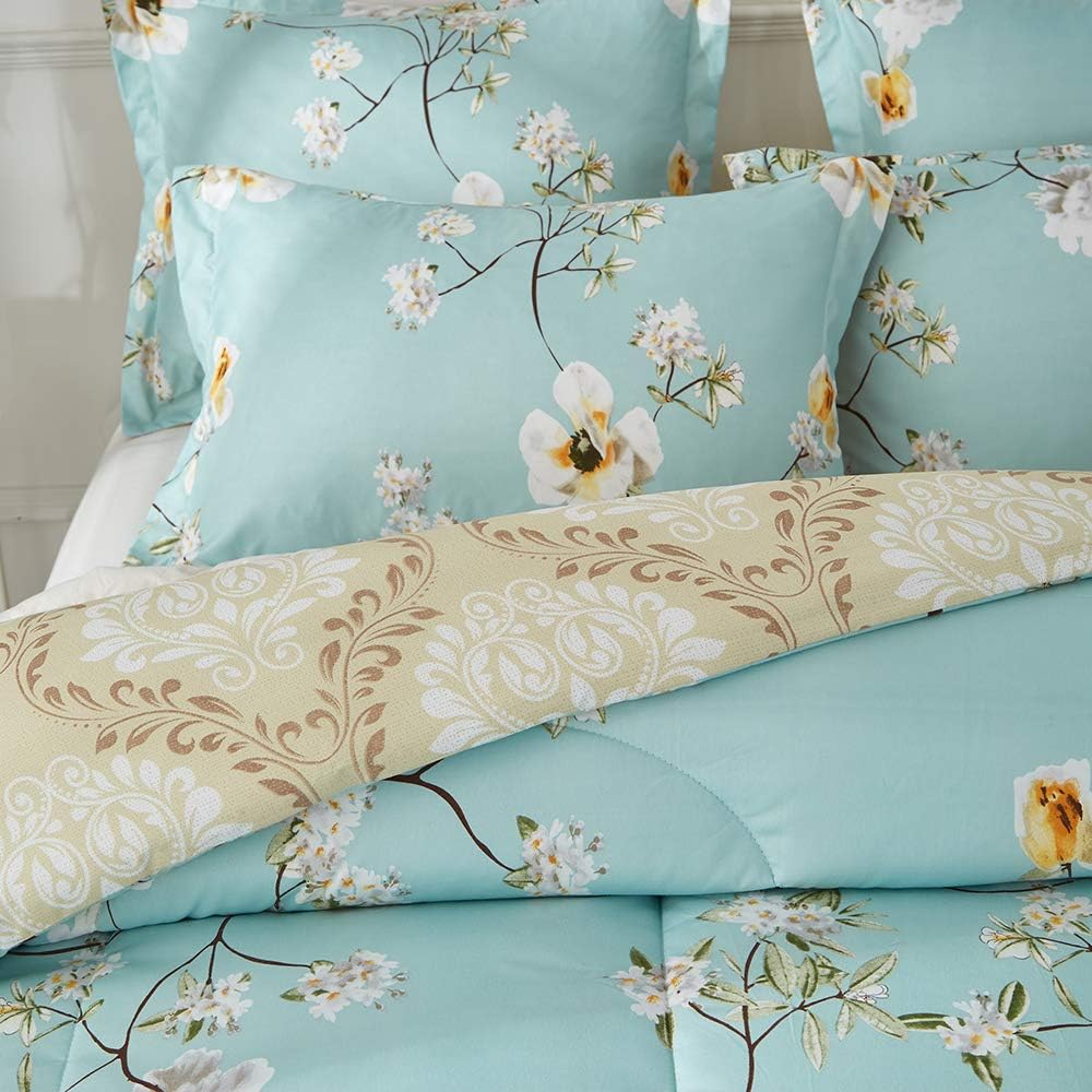 Joyreap 3pcs Floral Comforter Set, Soft Microfiber Comforter for All Season, Elegant White Flower Printed on Blue Reversible Design (King, 102x90 inches): Home & Kitchen
