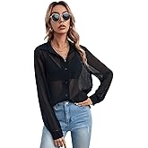 Floerns Women's Sheer Mesh Button Up Short Sleeve Shirt See Through Blouse Tops