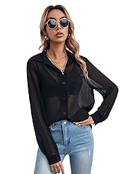 Floerns Women's Button Front Long Sleeve Mesh Shirt