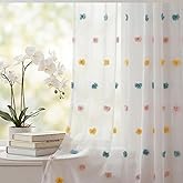 Horaldaily 2Pcs White Sheer Curtains 52x63in, Pink Blue Pom Pom, Boho | Farmhouse Living Room Bedroom Nursery Decor, Rod Pocket, Set of 2 Lightweight Panels, Light Filter Drapes