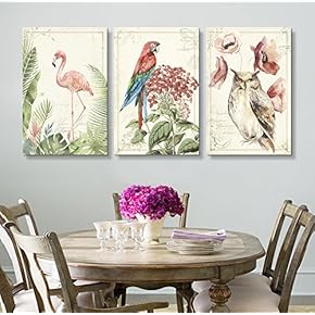 3 Panel Canvas Wall Art - Vintage Style Birds Flowers on Floral Background - Giclee Print Gallery Wrap Modern Home Art Ready to Hang - 16"x24" x 3 Panels