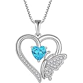Inpasne Heart Butterfly Necklace for Women 925 Sterling Silver Heart Pendant with Birthstone Jewelry for Women Her Mom Wife