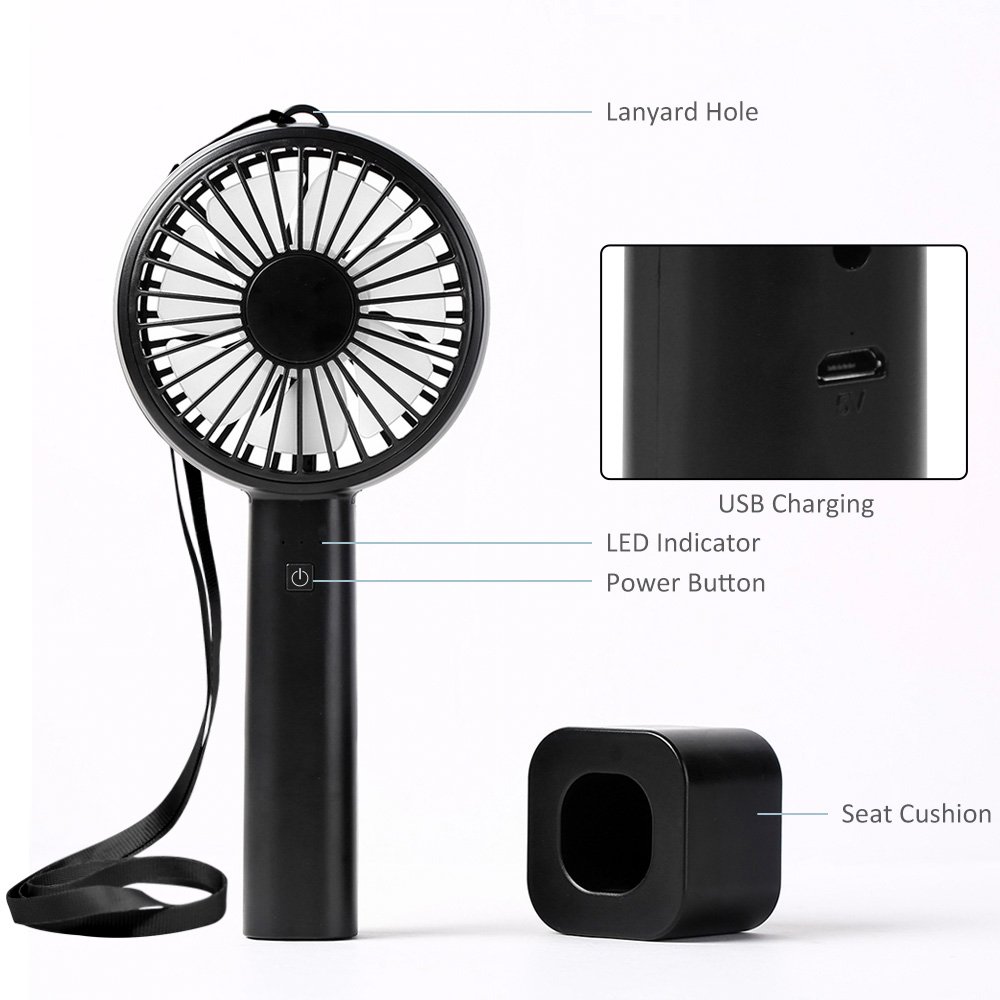 USB Mini Ventilator, Ifecco Handventilator Tragbarer Tischventilator Lüfter mit Aufladbarem 2600mAh Batterie für Reisen, Büro und Zuhause (Schwarz)
