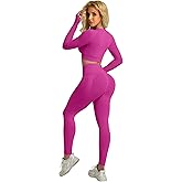 YOAKUKA 2 Piece Workout Legging Sets for Women Yoga Gym Outfit Seamless Long Sleeve Athletic Active Wear Tummy Control