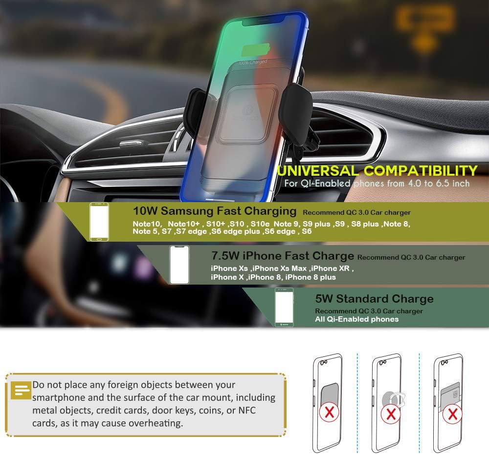ZeeHoo Wireless Car Charger,10W Qi Fast Charging Auto-Clamping Car Mount,Windshield Dash Air Vent Phone Holder Compatible iPhone 11/11 Pro/11 Pro Max/Xs MAX/XS/XR/X/8/8+,Samsung S10/S10+/S9/S9+/S8/S8+: Electronics
