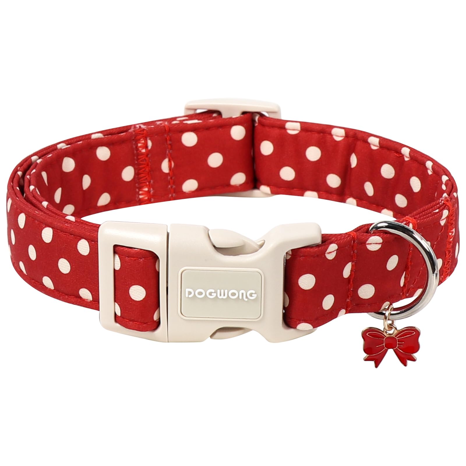 DOGWONG Red White Polka Dot Dog Collar for Small Dogs S | Girl Female Dog Collar Adjustable Soft Cute Bow Charm Pet Dog Colla