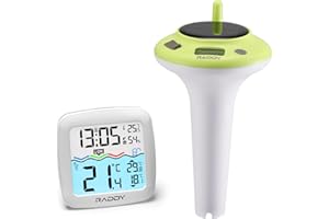 Raddy PT-5 TN Wireless Pool Thermometer Floating Easy Read, IPX8 Waterproof Digital Thermometer with Indoor Temperature Humidity Monitor, Alarm Clock, Solar & Battery Powered for Spa, Pond, Aquarium