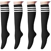 Senker Fashion Knee High Socks for Women, Cotton White Long Tube Sock Black Stockings Striped for Boot Outdoor Sport
