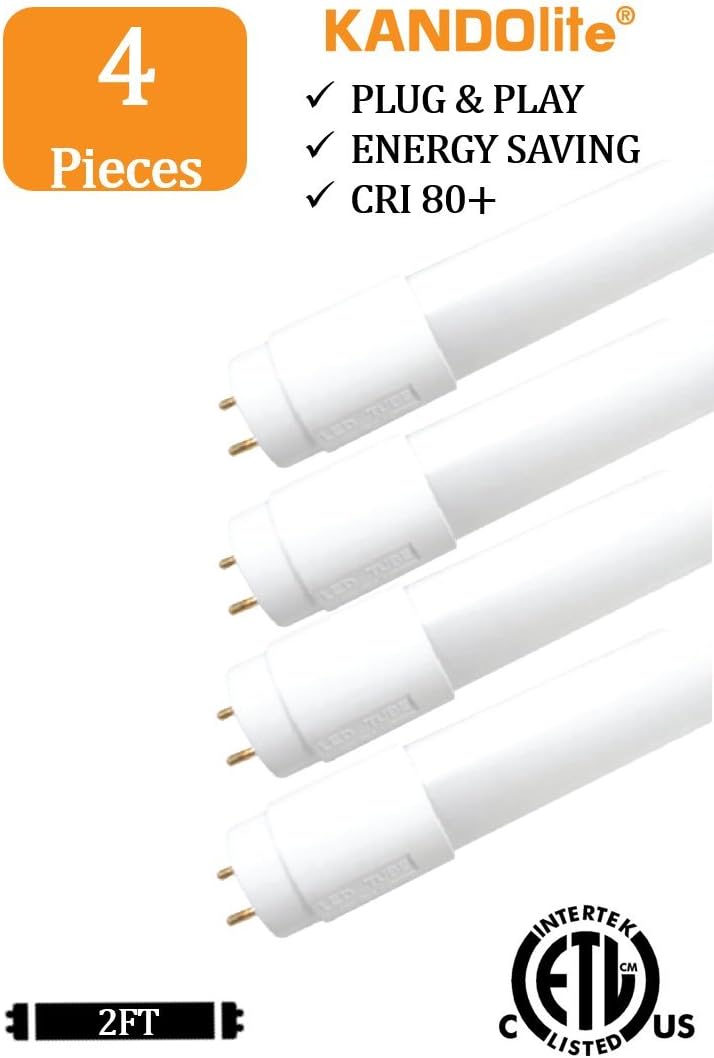 KANDOlite LED T8 INSTAlite ETL Plug and Play 8W 3000K - UL Type A - LED Tube Length 2ft 110-277V - 4-Pack