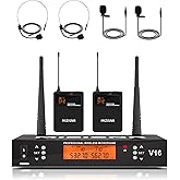 MIZISNR 2 Channel Wireless Lapel Microphone, Set of 2 Headset & Lavalier Mics with 200 Adjustable Frequency UHF Metal Receiver, 300ft Range Microphone System for Church, Karaoke, Preaching, Wedding