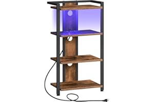 HOOBRO 4-Tier AV Media Stand, Media Console with Charging Station and LED Light, Wooden Stereo Cabinet, Corner TV Stand, Record Player, Entertainment Device Stand, Rustic Brown and Black BF38UDCJ01