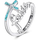 URONE Faith Cross Rings Adjustable 925 Sterling Silver Turquoise Faith Over Fear Cross Rings Christian Religious Jewelry Gifts For Women Men