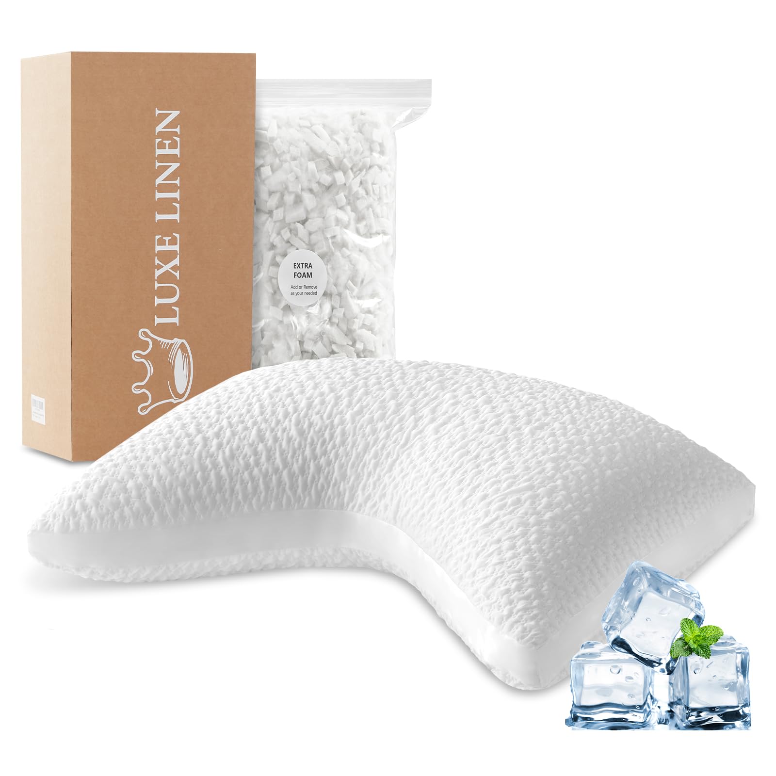 Photo 1 of Luxe Linen Side Sleeper Pillows for Adults, Adjustable Shredded Memory Foam Bed Pillows for Neck and Shoulder Pain, Standard White Cooling Curved Pillows with Washable Cover & Extra Foam Bag
