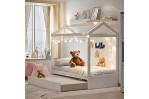 LINKHOO Twin Size House Bed with Trundle for Kids, Wooden Montessori Bed Frame with Roof and Slat Support, No Box Spring Required, White