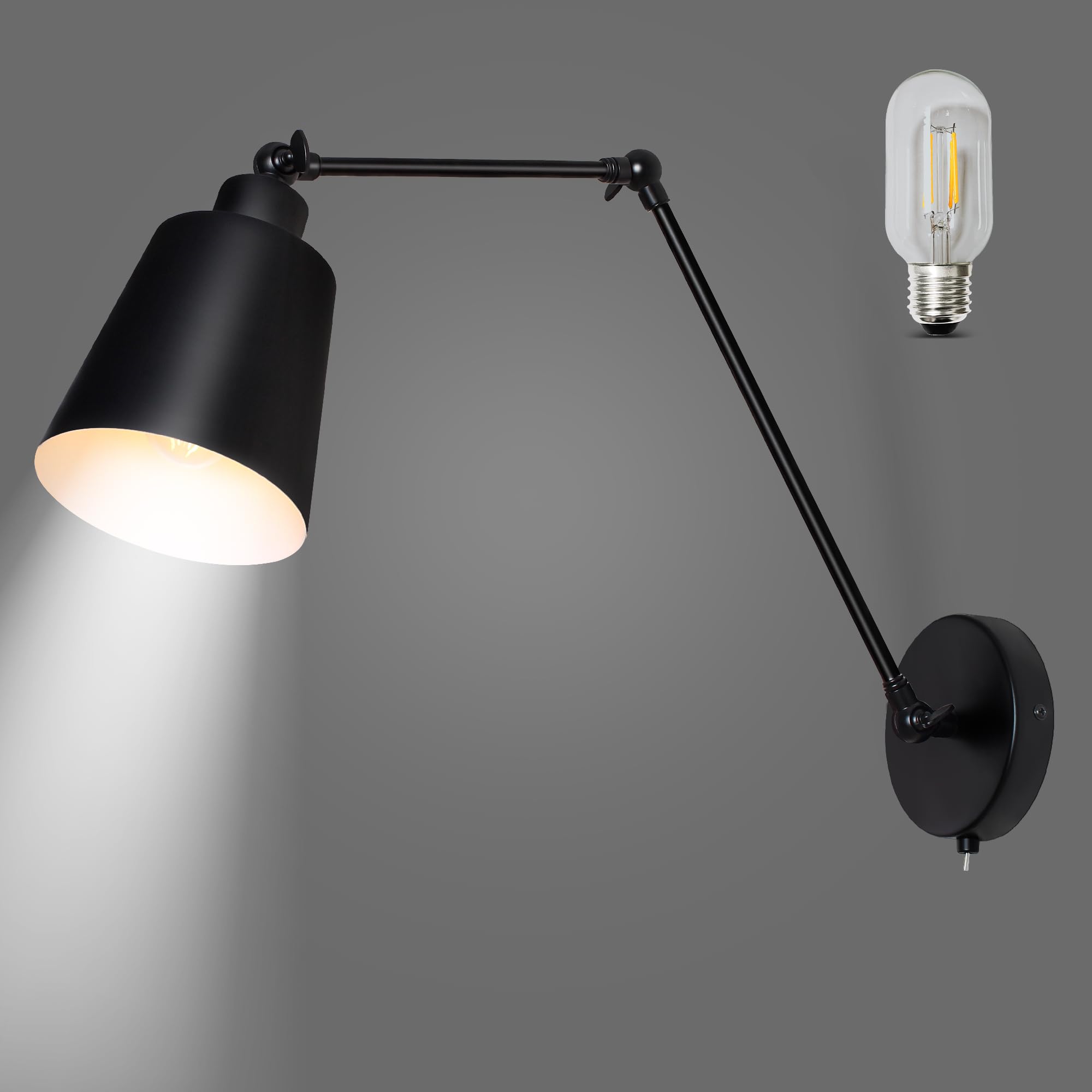 MantoLite Vintage Wall Sconce Black Swing Arm Wall Light Industrial Wall Light for Restaurants Galleries Living Room Black E27 (Include Bulb)