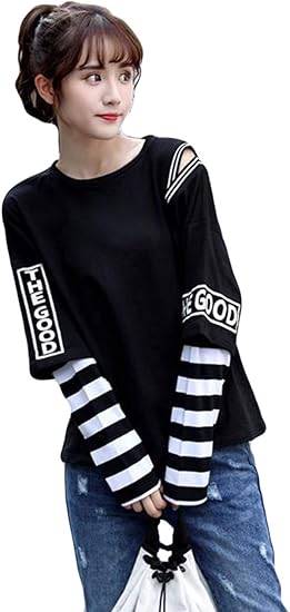 Amazon Aozuoｔシャツ レディース 黒ｔシャツ アウター 可愛い 着痩せ 肩出し 韓国風 カットソー 長袖 白ｔシャツ 可愛い フェイクレイヤード 英字付け レディース 綿ｔシャツ ストリート系 Tシャツ カットソー 通販