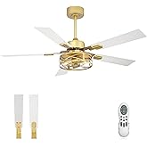 YOUKAIN Ceiling Fans With Lights, 48 Inch Gold Ceiling Fans with Lights and Remote, 5-Reversible, Gold Finish, outdoor ceilin