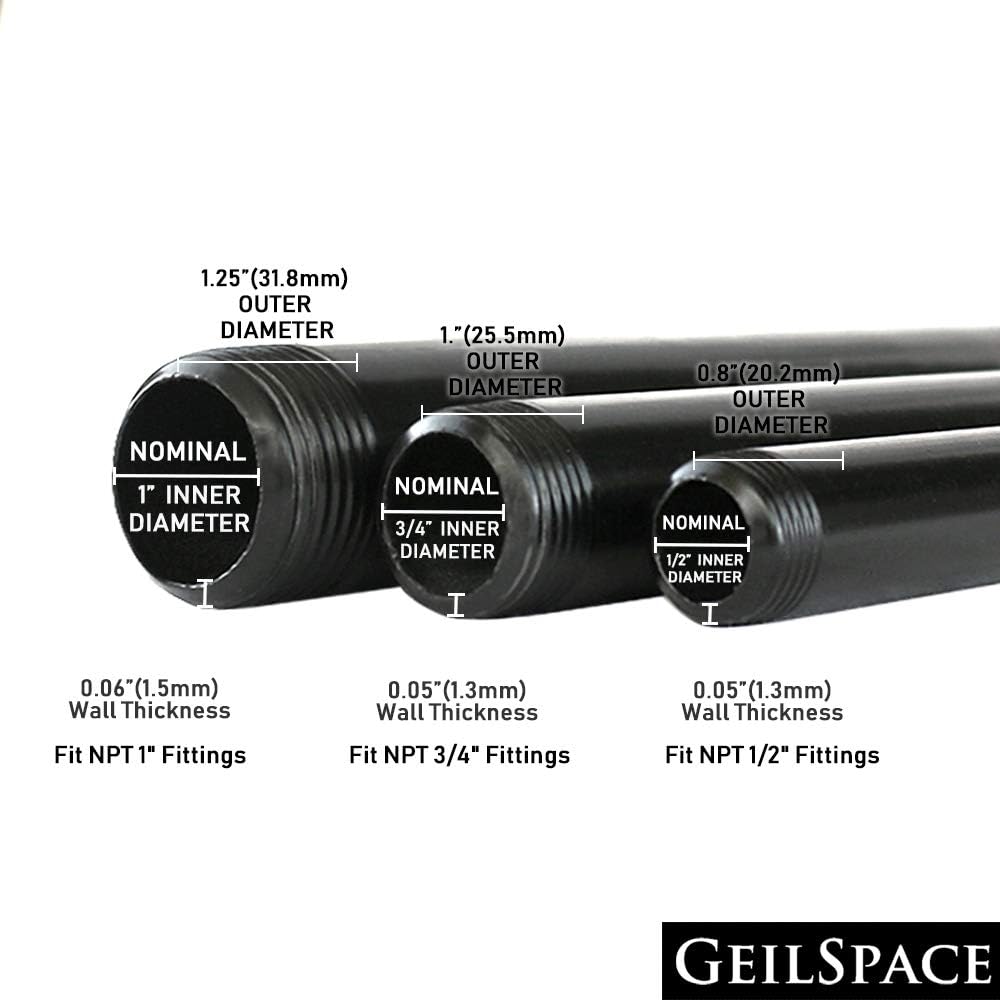 GeilSpace 6 Pack 1/2" × 24" Pre-Cut Black Metal Pipe, Industrial Steel Fits Standard Half Inch Black Threaded Pipes and Fittings - Vintage DIY Industrial Shelving (1/2" × 24", Black) - - 