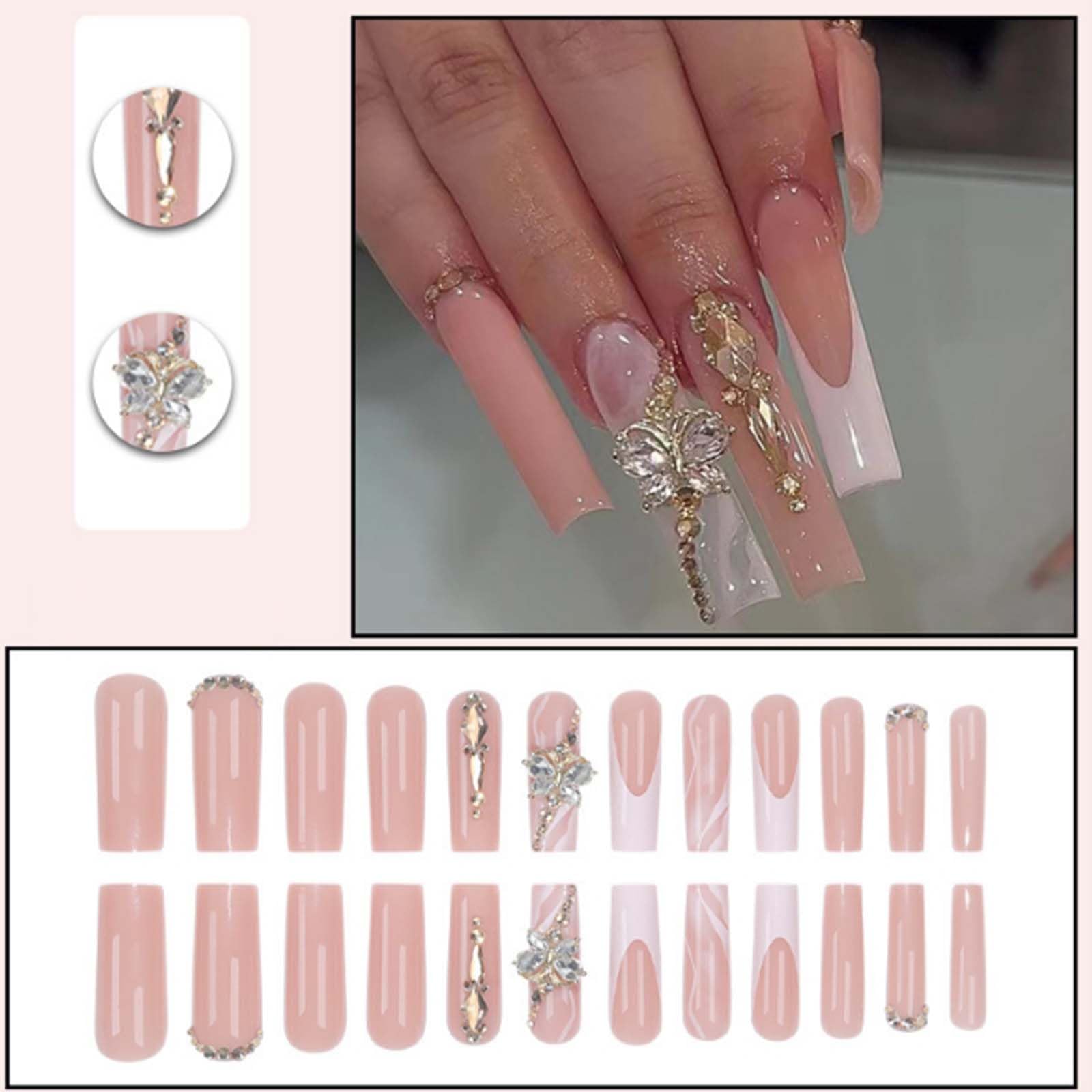Gifiky Luxury 3D Butterfly Press on Nails Nude Fake Nails French Nails Tips Full Cover Long Square False Nails for Women and Girls 24Pcs - Image 2
