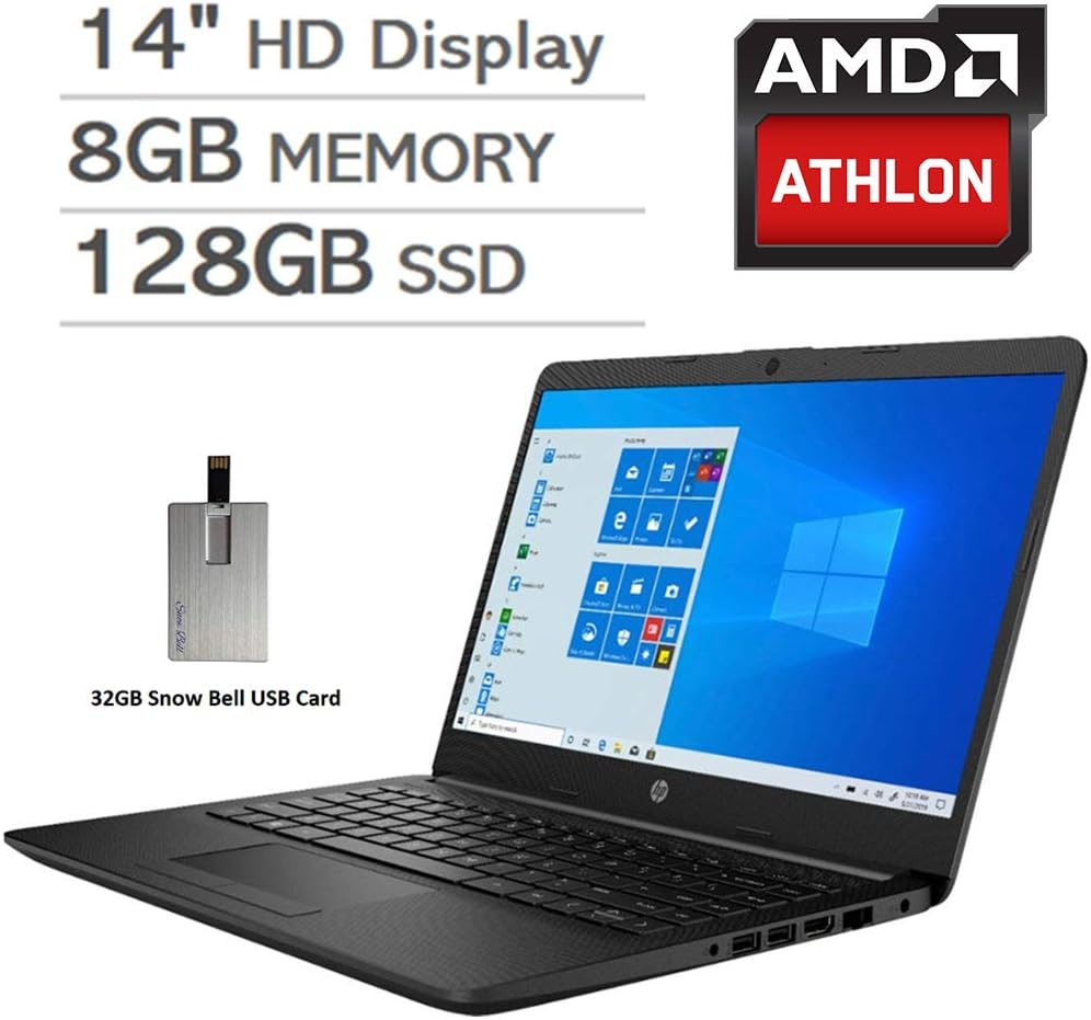 2020 HP Pavilion 14" HD Display Laptop Computer, AMD Athlon Silver 3050U Processor, 8GB RAM, 128GB SSD, AMD Radeon Graphics, Webcam, Stereo Speakers, Windows 10, Black, 32GB Snow Bell USB Card