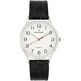 Peugeot PP Women 40mm Large Face Watch with Bold Easy to Read Arabic Numbers and Sweep Second Hand with Genuine Adjustable Black Leather Strap