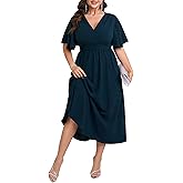SHESTARR Womens Plus Size Wrap V Neck Dress Short Flutter Sleeve Pleated Empire Waist Ruffle A Line Maxi Long Dresses
