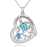 Nedeeo Turtle Necklace for Women Sterling Silver Two Blue Opal Sea Turtle Hawaii Heart Pendant Mother and Daughter Necklaces Ocean Inspirational Jewelry Gifts