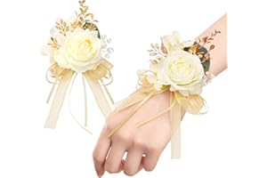 NDENO Rose Wrist Corsage and Boutonniere Set Artificial Corsage Wristlet Bracelet for Wedding Decorations Prom Ceremony Accessories (2pcs, Champagne)