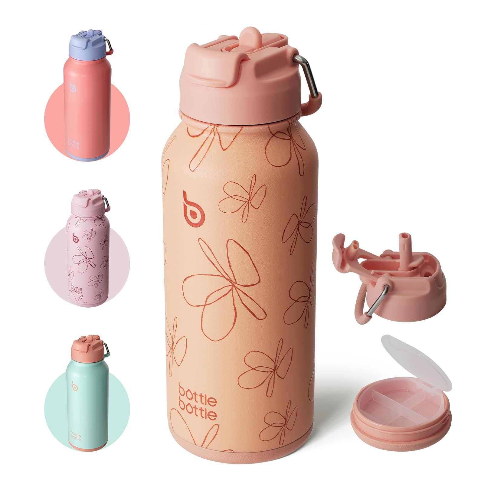 BOTTLE BOTTLE Insulated Water Bottle 950ml(32oz) Stainless Steel Sports Water Bottles with Straw Dual-use Lid Drink Flask Design for Gym with Pill Box (Yellow-Pinky Flower)