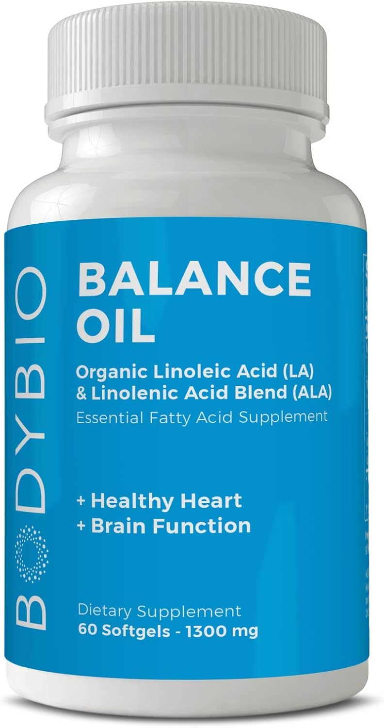 BodyBio Balance Oil - Essential Fatty Acids Omega 3 & 6 - Cold Pressed, Vegan, Organic Safflower and Flax Seed Oil Blend for Brain & Mood Support and Cellular Health, 60 Softgels
