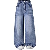 Nivne Tco Tween Girls Wide-Leg Jeans Casual Zipper Fly Elastic Waist Trendy Baggy Denim Pants with Pockets