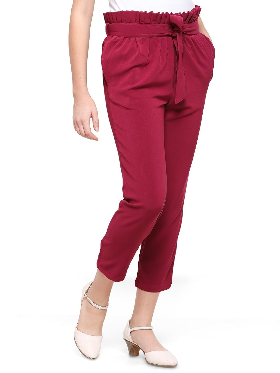 smarty pants women's poly spandex solid wine ankle length pants (smpt-93a)