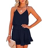 Newffr Womens V Neck Summer Mini Dress Sleeveless Ruffle Spaghetti Strap Racerback Flowy Beach Vacation Sundresses