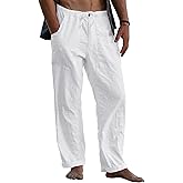 FANARCHER Men’s Cotton Linen Pants Drawstring Loose Beach Pants with Pockets