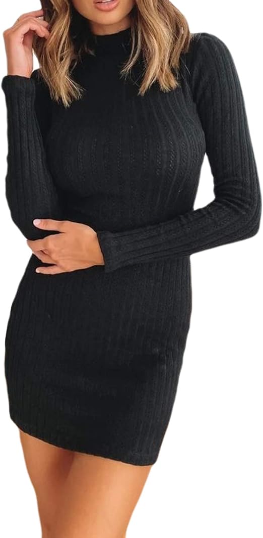 Women's Long Sleeve Knitted Jumper Sweater Dress Mock Neck Party Bodycon Mini Dress Amazon.co