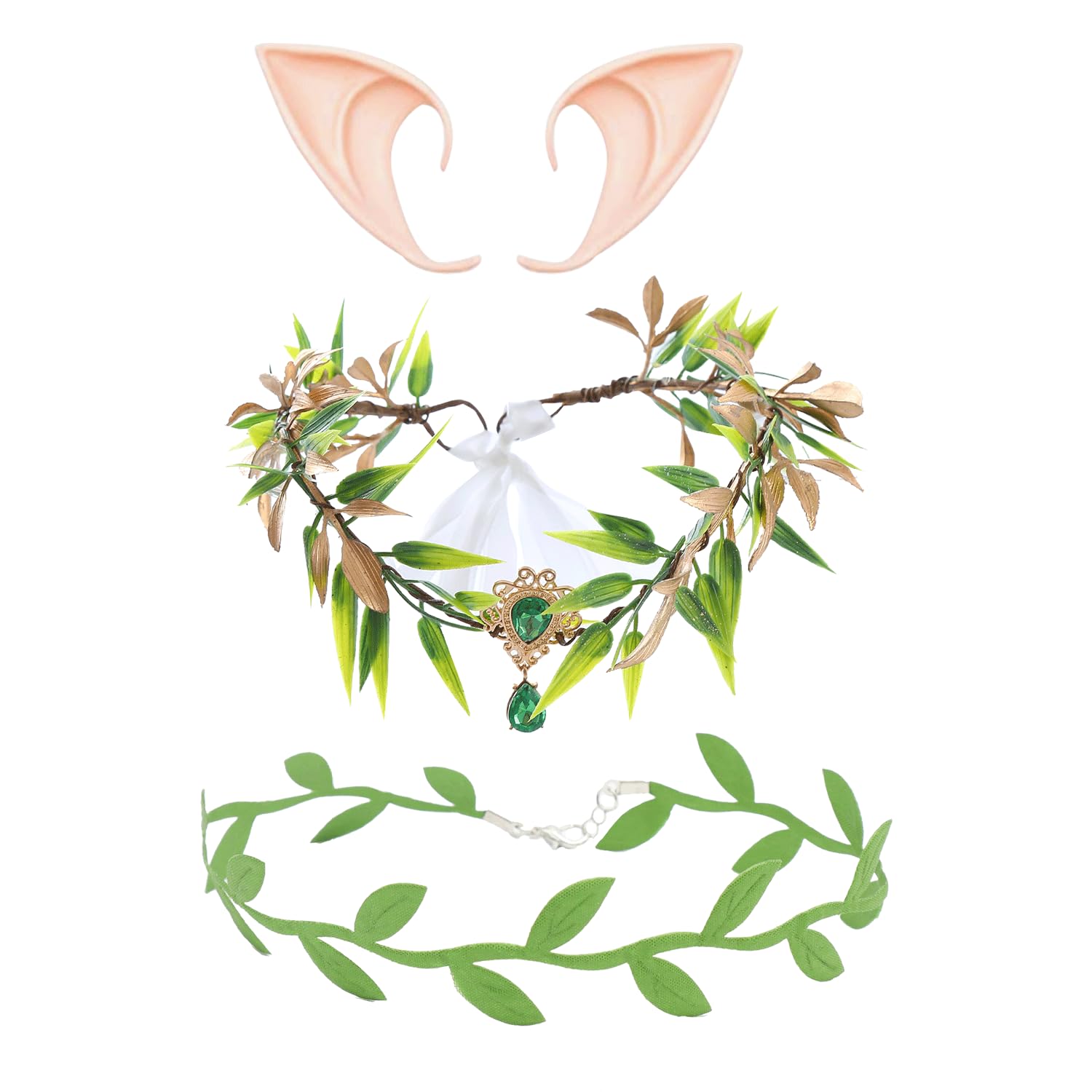 AOVNA 3Pcs Elf Accessories Fairy Stone Necklace Green Leaves Choker Elf Ear Cuff for Fantasy Renaissance Fairy Costume Cosplay