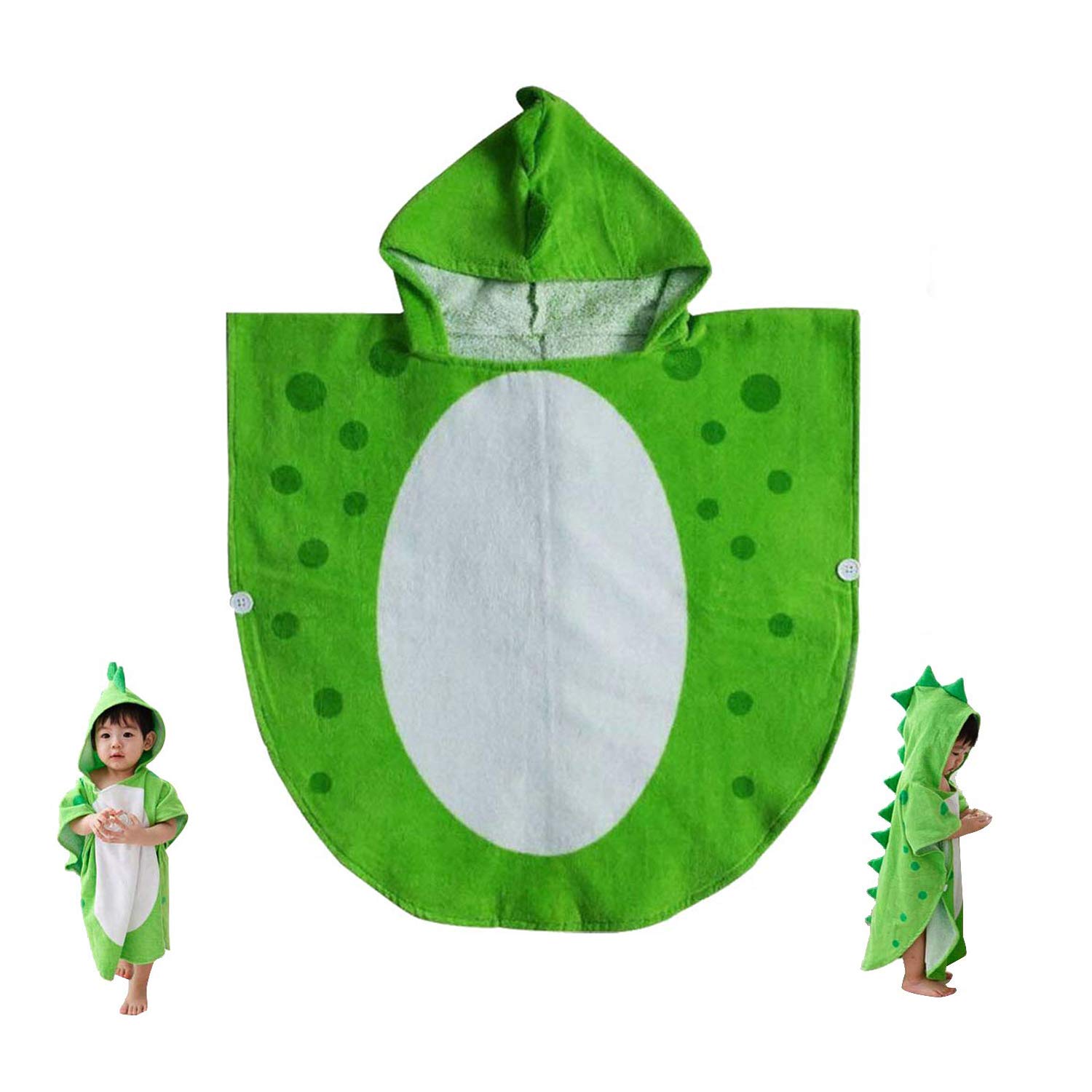 Newooe Children Bath Towel Baby Bathrobe Cotton Dinosaur Pattern Kids Robe Beach Swimming Hooded Poncho (Green)