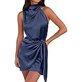 ZESICA Women's 2026 Fashion Satin Sleeveless Halter Neck Tie Waist Wrap Bodycon Cocktail Party Mini Dress
