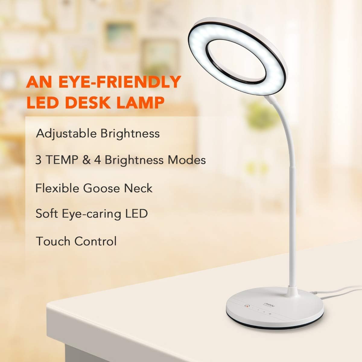 Miady LED Desk Lamp Eye-Caring Table Lamp, 3 Color Modes with 4 Levels of Brightness, Dimmable Office Lamp with Adapter, Touch Control Sensitive, 360° Flexible - - 
